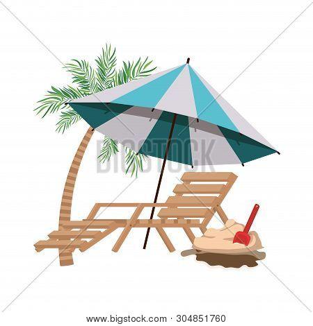 Palm Tree With Beach Umbrella Striped Vector Illustration Design