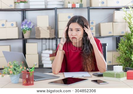 Young Beautiful, Asian Business Lady, Long Black Hair, In Styling Red Dress, Unhappy With E-mails On