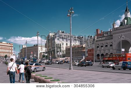 Moscow, Russia - Jun 5, 2019: View Of The Central Street Of Moscow. Not So Many People Are Walking O