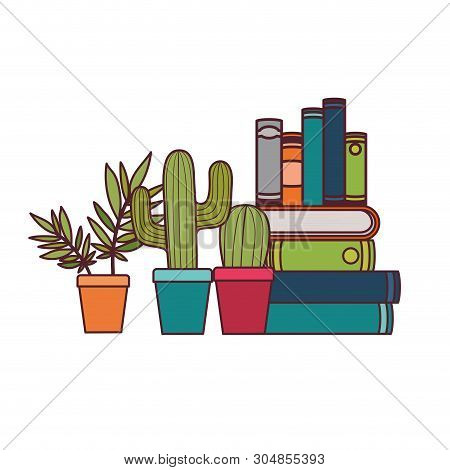 Stack Of Books With Houseplant On White Background Vector Illustration Design