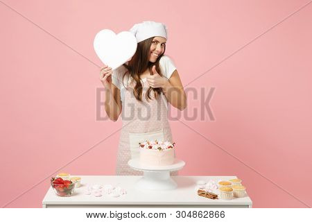 Chef Cook Confectioner Or Baker In Apron White T-shirt, Toque Chefs Hat Cooking Cake Or Cupcake At T