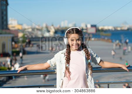 Girl Little Tourist Kid Explore City Using Audio Guide Application. Free Style Of Travelling. Exciti
