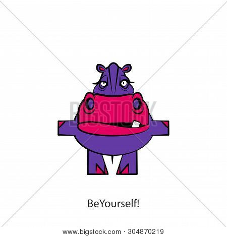 Cartoon Character Of An African Animal. Funny Cute  Hippo Is Standing In A Flight Pose. Vector Illus