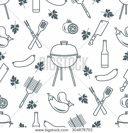 Seamless Pattern With Grill And Barbecue Tools. Bbq Party Background. Design For Party Card, Banner,