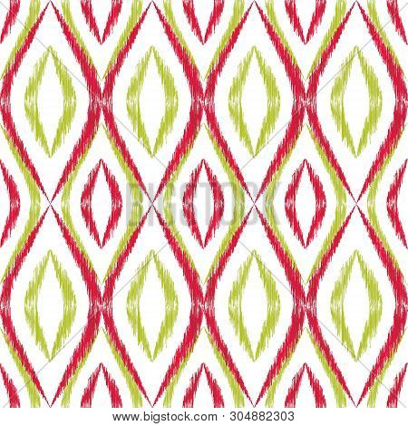 Ikat Ogee Seamless Vector Pattern Illustration. Ethnic Fabric Print Geometric Ikat Pattern. Wavy Oge