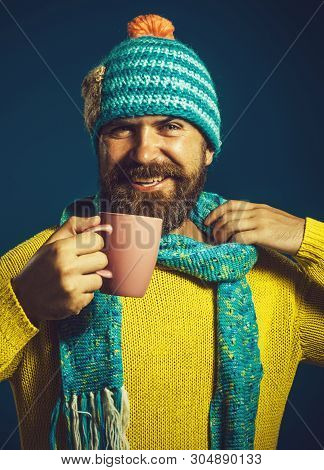 Enjoying Fresh Coffee. Happy Man In Casual Wear Drinks Hot Drink. Handsome Man Drinking Coffee. Coff