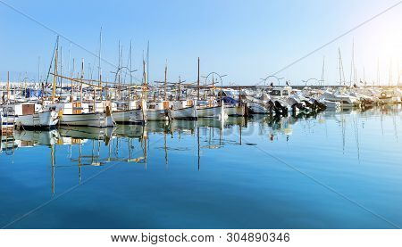 Sailing, Motor Boats Moored Seawall. Blanes, Spain