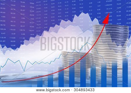 Double Exposure Of City, Stock Market And Graph On Rows Of Coins For Finance And Banking , Investmen