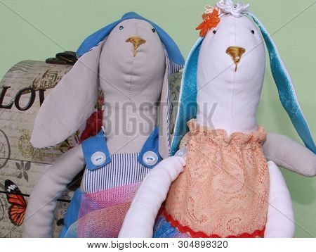 Krasnodar/russian Federation-16.09.2018. Tilda Doll: Boy In Blue Overalls And Girl In Orange Dress, 