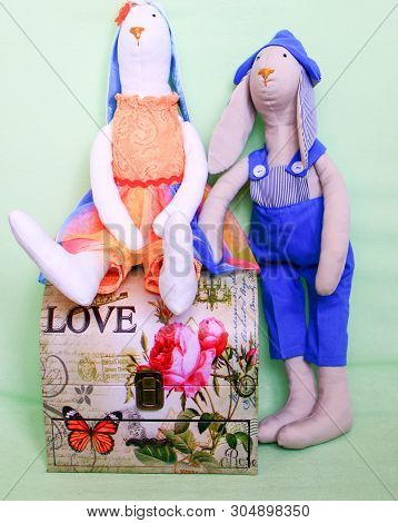 Krasnodar/russian Federation-16.09.2018. Tilda Doll: Boy In Blue Overalls And Girl In Orange Dress, 
