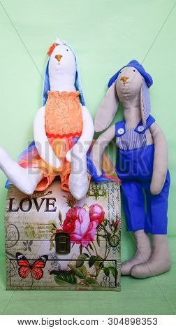 Krasnodar/russian Federation-16.09.2018. Tilda Doll: Boy In Blue Overalls And Girl In Orange Dress, 