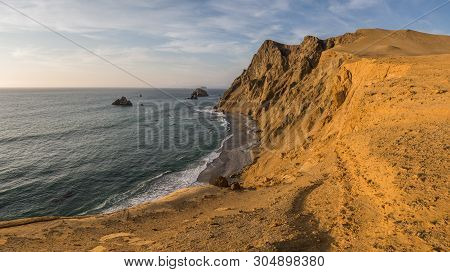 Coast Of Paracas In Peru During The Sunset, Panoramic View Of The Coast And The Desert
