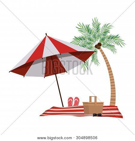 Palm Tree With Beach Umbrella Striped Vector Illustration Design