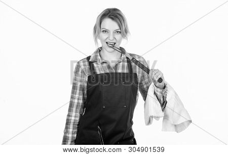 Cooking Meat In Park. Barbecue Master. Woman Checkered Shirt And Apron For Cooking White Background.