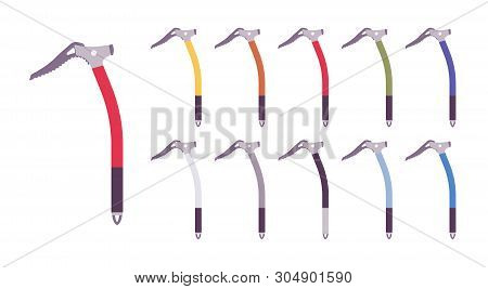 Ice Axe Set. Climbers Light Tool For Cutting Footholds In Snow, Hiking And Mountaineering Gear. Vect