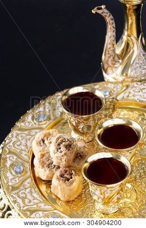 Traditional Arabic Delight Sweets With Cashew Nuts. Eastern Sweets. Close Up.