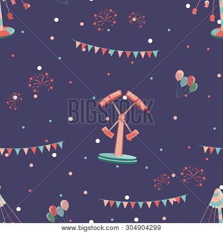 Amusement Park Seamless Pattern With Double Hummer Ride Castle And Carousel.