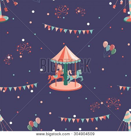 Amusement Park Seamless Pattern With Carousel With Hourses And Carousel.