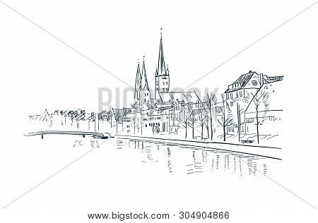 German Antient City View Vector Sketch Illustration