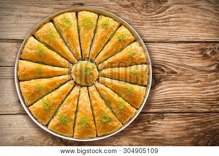 Turkish Baklava On Grunge Wooden Background - Top View