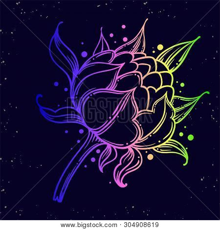 Peony Bud. Tattoo Rose Pion Flower.tattoo, Mystic Symbol. Boho Print.vector Illustration Art. Vintag