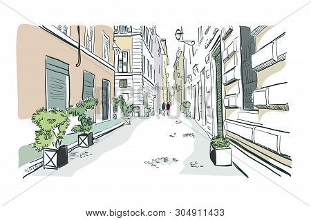 Rome Street Vetor Illustration Sketch Line Watercolor