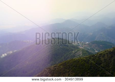 Mountain Landscape View From Triund Hill To The Valley With Small Villages. Made With Tilt Shift Wit