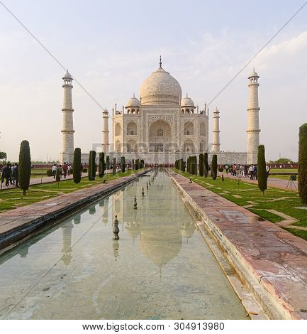 Agra, Uttar Pradesh, India - April, 2014: The Taj Mahal Marble Mausoleum, One Of The Seven Wonders. 