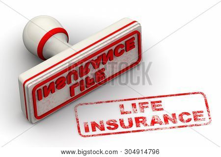Life Insurance. Seal And Imprint. Red Rubber Stamp And Red Print Life Insurance On White Surface. Is