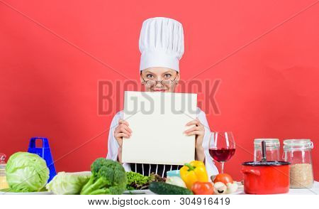Girl Read Book Best Culinary Recipes. Culinary School Concept. Book By Famous Chef Copy Space. Profe