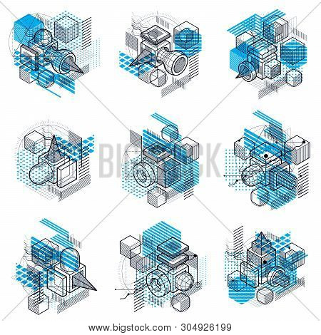 Abstract 3d Shapes Compositions, Vector Isometric Backgrounds. Compositions Of Cubes, Hexagons, Squa