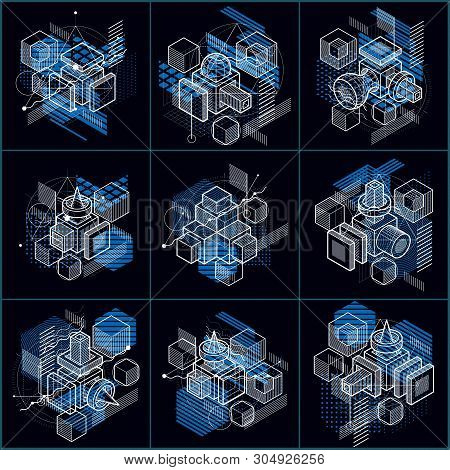 Abstract 3d Shapes Compositions, Vector Isometric Backgrounds. Compositions Of Cubes, Hexagons, Squa