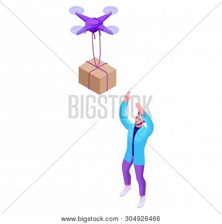 Drone Delivering Parcel To Hipster Man, Landing Page Template With Quadcopter, Concept Of Delivery, 