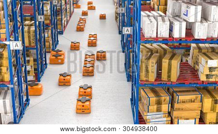 3d render image of drones moving inside a modern warehouse full of goods stored on shelves.