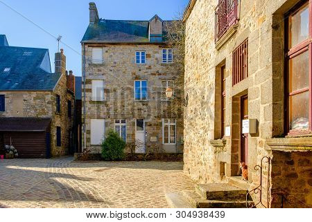 Domfront, France, Feb 2019, “Cour Marie du Rocher” courtyard in a medieval town of Normandy