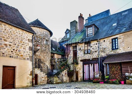 Domfront, France, Feb 2019, “Cour Marie du Rocher” courtyard in a medieval town of Normandy