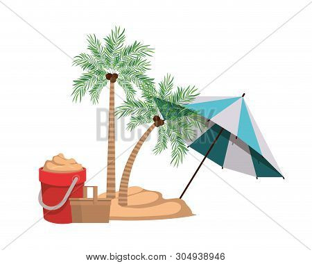 Palm Tree With Beach Umbrella Striped Vector Illustration Design