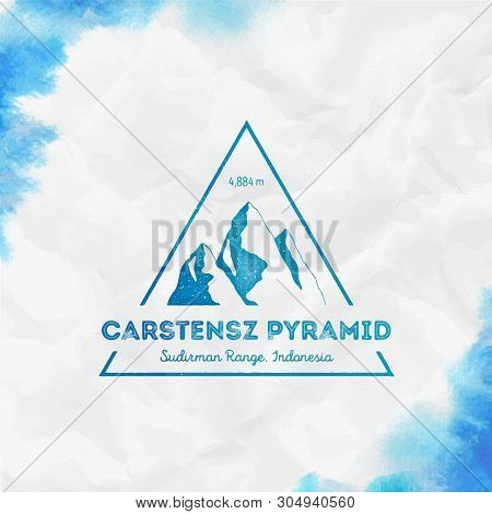 Mountain Carstensz Pyramid Logo. Triangular Mountain Turquoise Vector Insignia. Carstensz Pyramid In