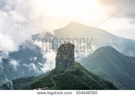 Sunset Scenery In Fanjingshan Mountain With View Of The Fanjing Mount And The Red Cloud Golden Peak 