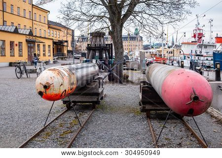 Stockholm, Sweden - April 6, 2015: Front View Of Two Old Submarine Torpedoes Outside The Museum Torp