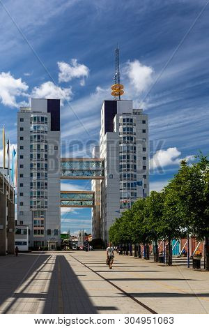 Stockholm, Sweden - July 11, 2014: Perspective Front View Of Two Skyscraper Towers With Sky Bridge N