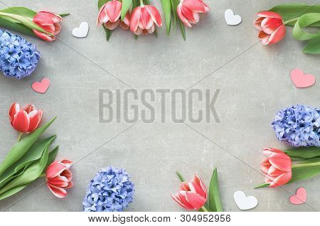 Springtime Flat Lay With Giift Boxes, Pink Tulips, Blue Hyacinth And Decorative Hearts, Space For Yo