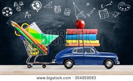 Back to school. Car delivering books and apple against school blackboard with education symbols. Seamlessly looped 4k animation.