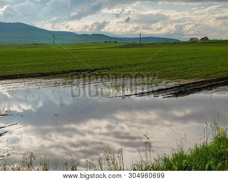 Flooded Agricultural Fields In Transylvania, Romania, Due The Unfavorable Wheater Conditions A Big P