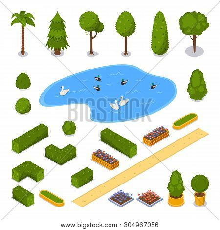 City Public Park 3d Isometric Flat Icons. Vector Urban Outdoor Landscape Design Elements. Green Gard