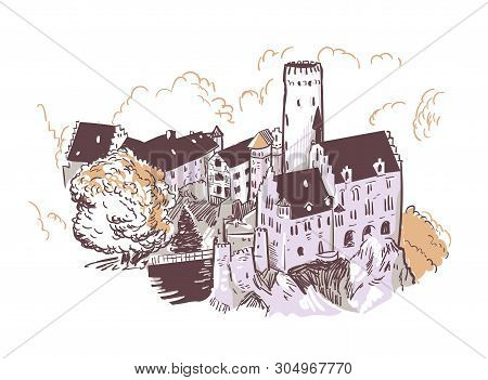 Line Art Isolated Lichtenstein Castle Vector Sketch
