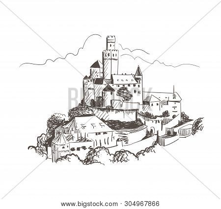 Marksburg Castle Vector Sketch Monochrome Line Art