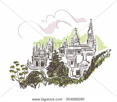 Line Art Isolated Sintra Portugal Castle Vector Sketch