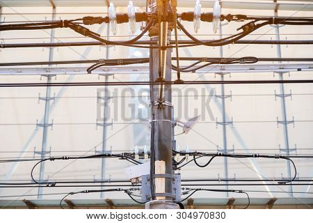 Electric Power Line Tower Of Railway Structure Of Mrt, Electrification System Railroad Overhead Line