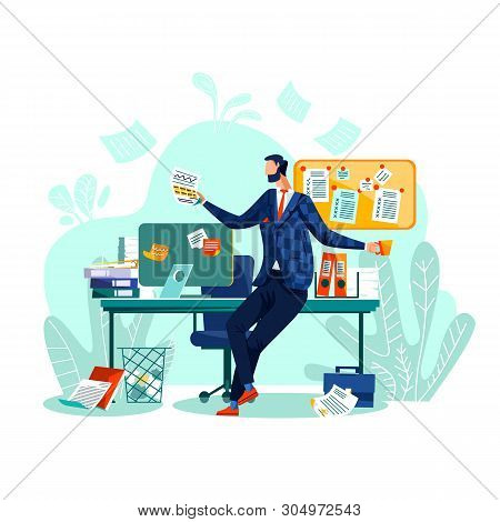 Deadline And Time Management Business Concept Vector. Happy Worker Sits At Desk, Drinks Coffee Or Te